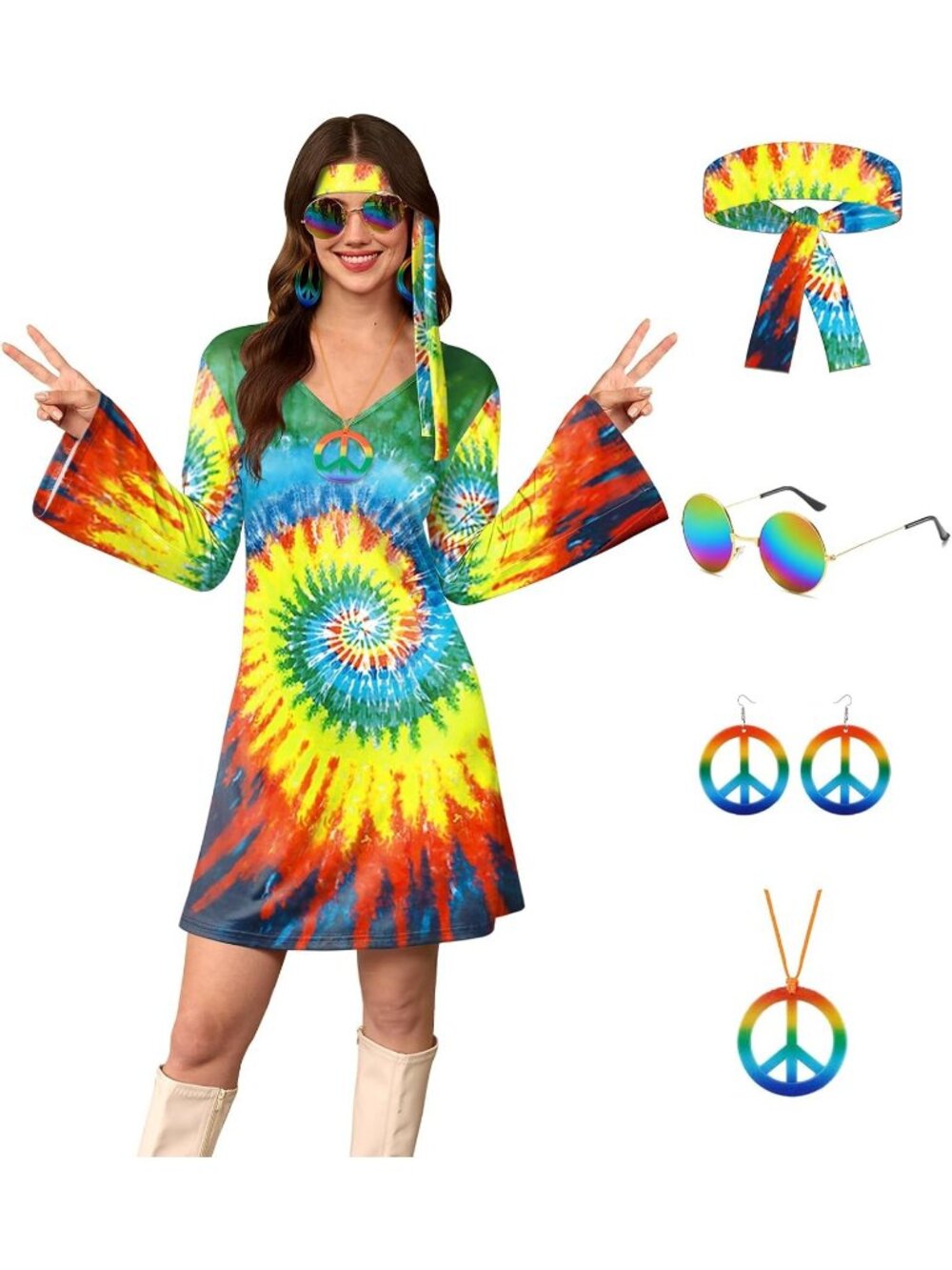 Women's Tie Dye 70s Hippie Halloween Costume Sunglasses Dress 5-Piece Set